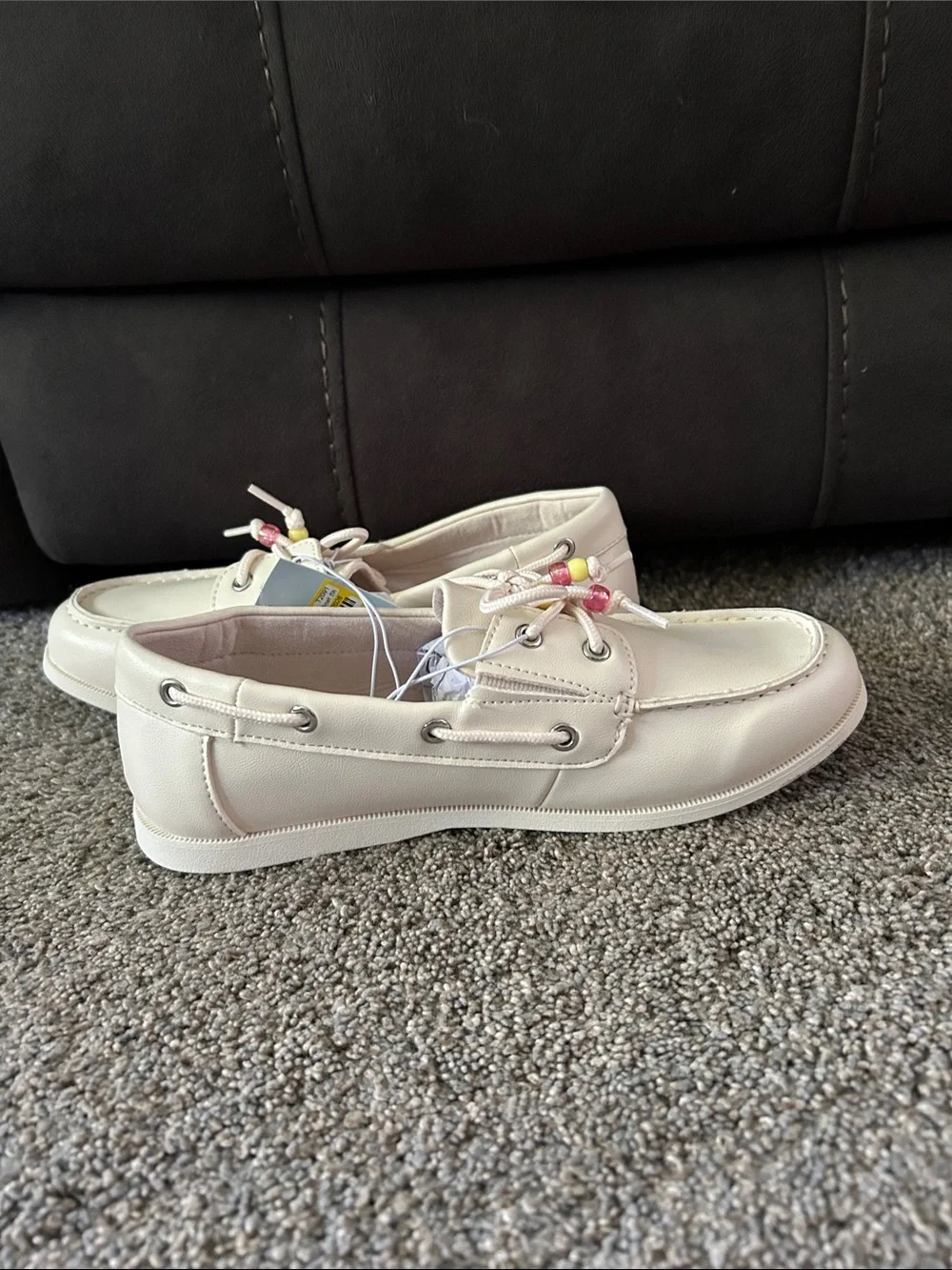 Cat & Jack Cream Boat Shoes with Pink and Yellow Beads